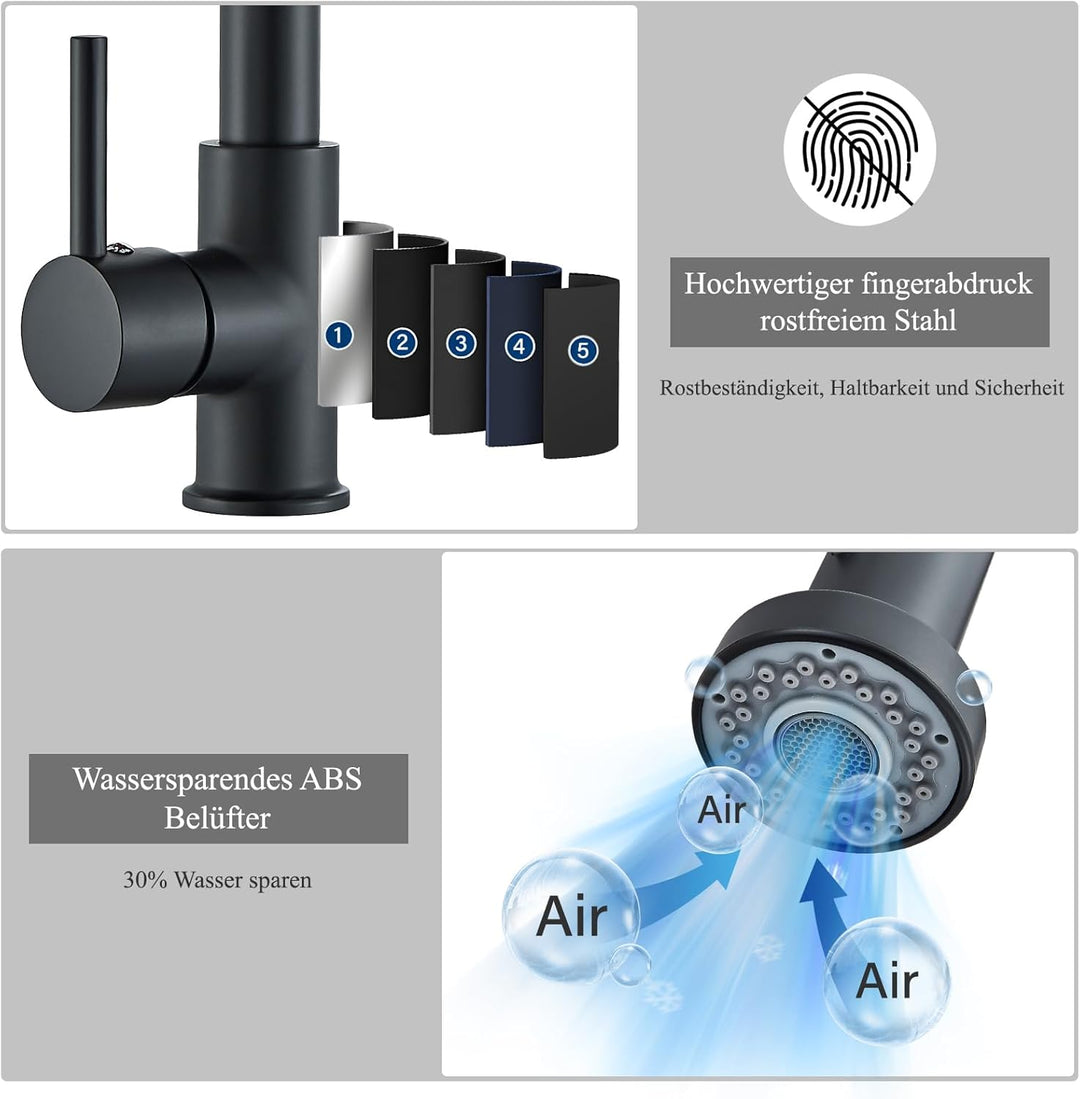 Schwarz Niederdruck Armatur Küche Wasserhahn Ausziehbar Niederdruck Küche 360° Drehbar Wasserhahn Kü