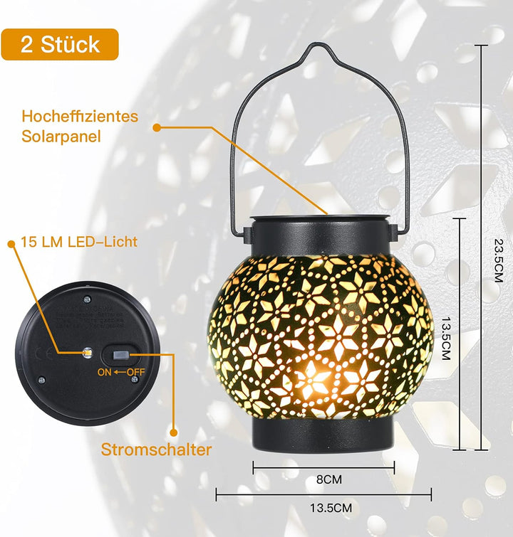 Solarlaterne für Aussen 2 Stück, IP65 Wasserdicht Metall Solarlampen für Aussen Hängend Garten Deko,