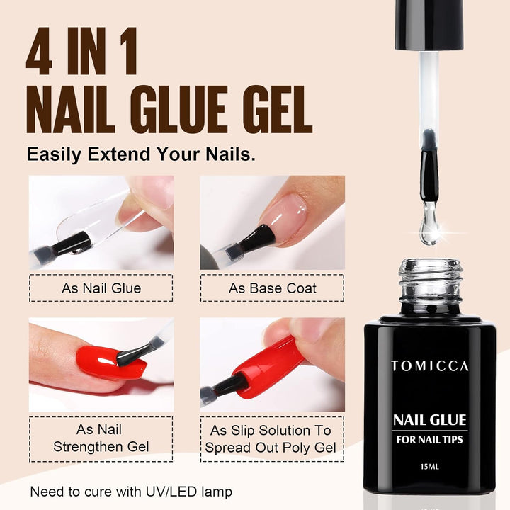 TOMICCA Nail Tips und Kleber Gel Kit - Extension Set mit Mini Nagellampe, 2 in 1 Nagelkleber, 500 PC