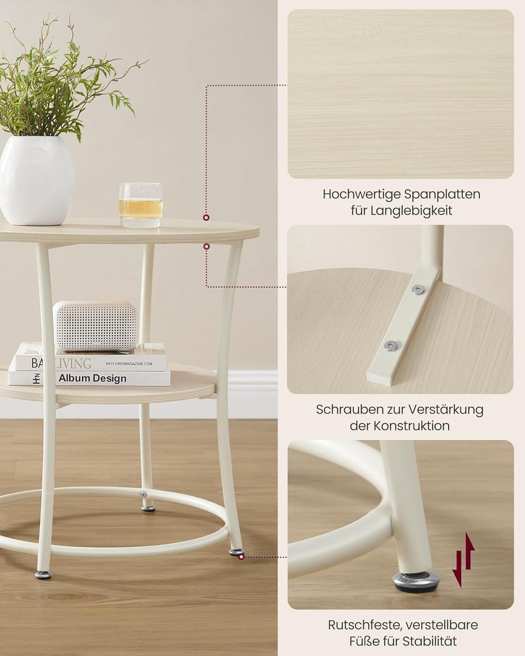 VASAGLE Beistelltisch, Couchtisch rund, Sofatisch, 2 Ablagen, Wohnzimmer, Schlafzimmer, einfacher Au