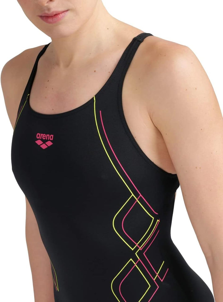 ARENA Damen Women's Swimsuit V Back Graphic Badeanzüge (1er Pack) 34 Black-freak Rose, 34 Black-frea