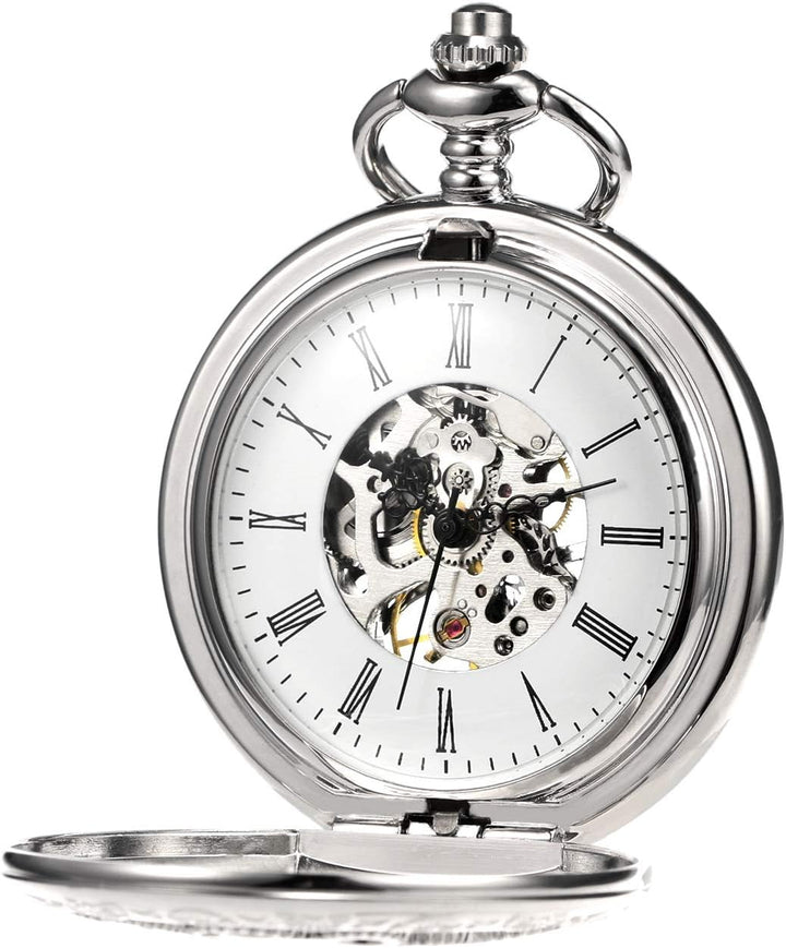 TREEWETO Unisex Taschenuhr mit Kette Analog Handaufzug Antik Zahnrad verziert Römische Silber