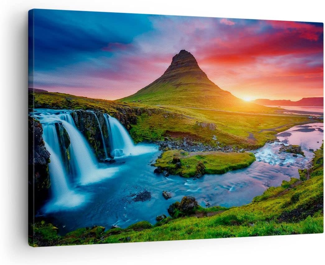 Bilder auf Leinwand Sonnenuntergang Wasserfall Island Vulkan Leinwandbild 70x50cm Wandbilder Dekorat