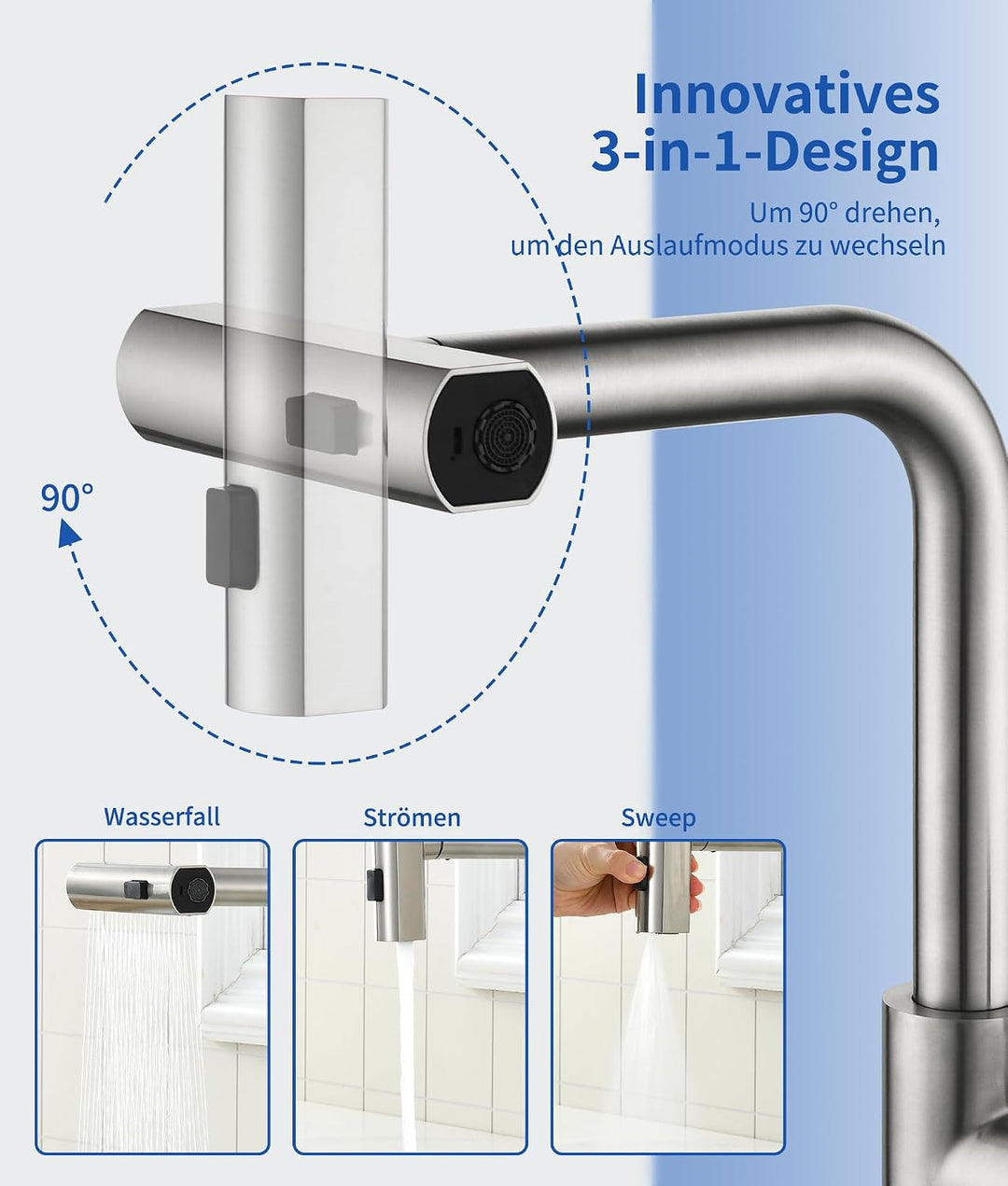 Wasserhahn Küche,Hochdruck Küchenarmatur mit Ausziehbar Brause,Wasserfall Armatur Küche mit 3 Strahl