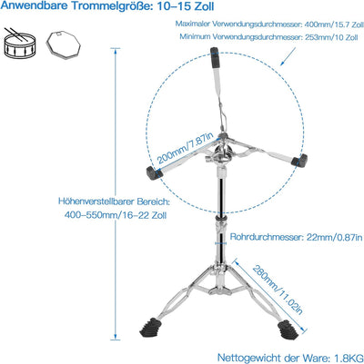 aleawol Snare Ständer Snare Drum Ständer, Verstellbarer Höhe und Winkel, Doppelstrebig Trommel Ständ