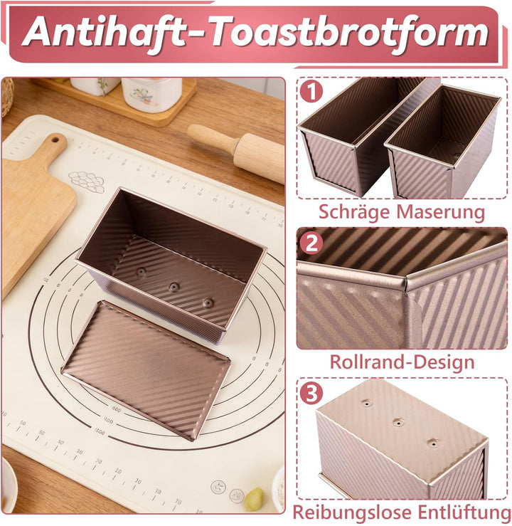 2 Stück Kastenform mit Deckel, 31.8x12x11.43cm Roségold Brotbackform mit Deckel, 21.6x12x11cm Toast