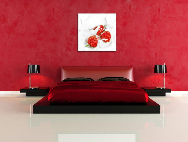 Leckere Erdbeeren in Milch, Format: 70x70 auf Leinwand, XXL riesige Bilder fertig gerahmt mit Keilra