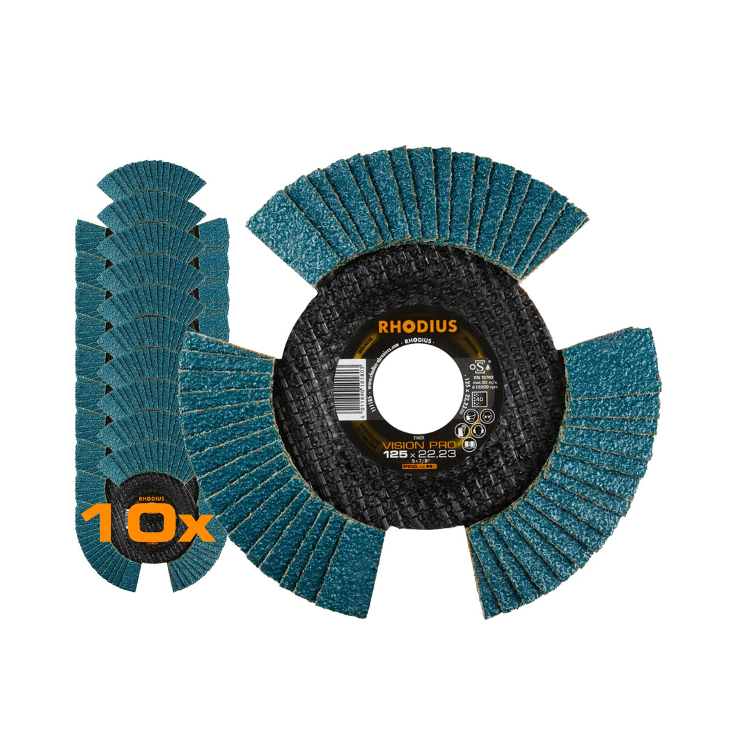 RHODIUS VISION PRO, 10 Stück Ø 125 mm K60 Fächerscheiben durchsichtig, Made in Germany, Metall Edels