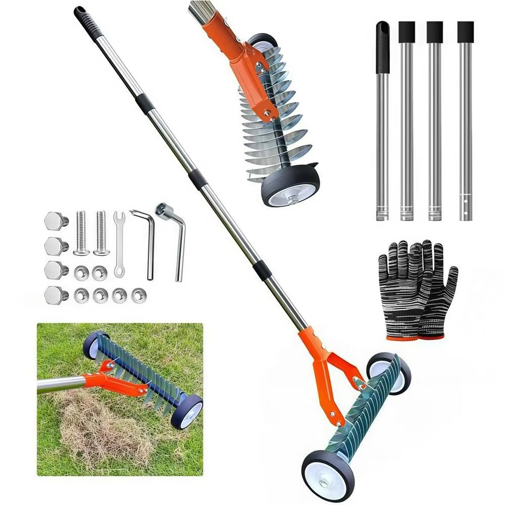 Handvertikutierer mit Stiel 163cm, Vertikutierer Hand mit Rollen, Vertikutierer Rechen, Metall Schne