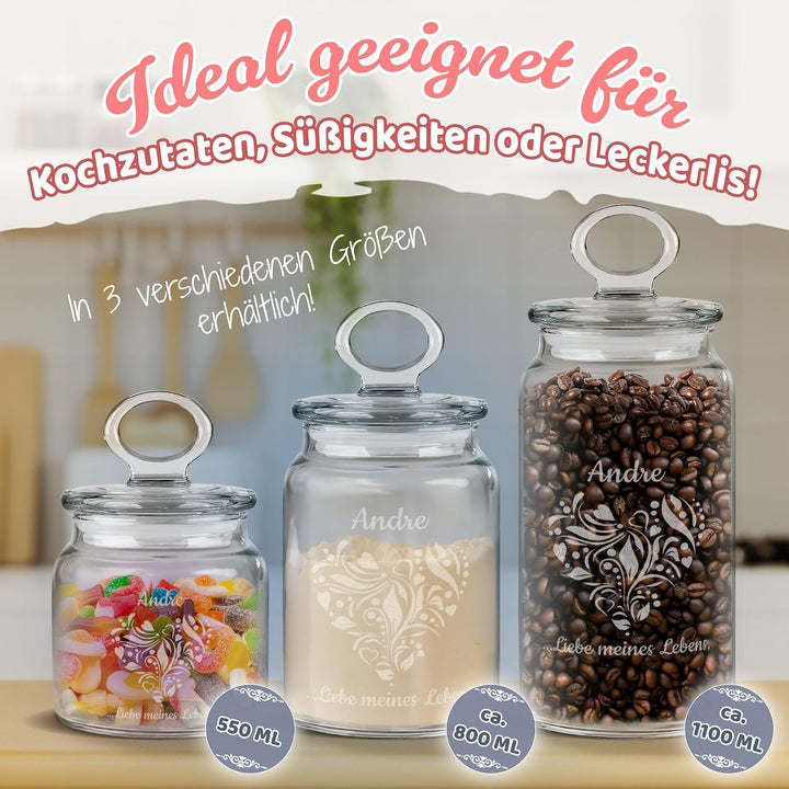 Print Royal PR Personalisierte Keksdose aus Glas mit Gravur - 1100 ml - Liebe meines Lebens mit Name