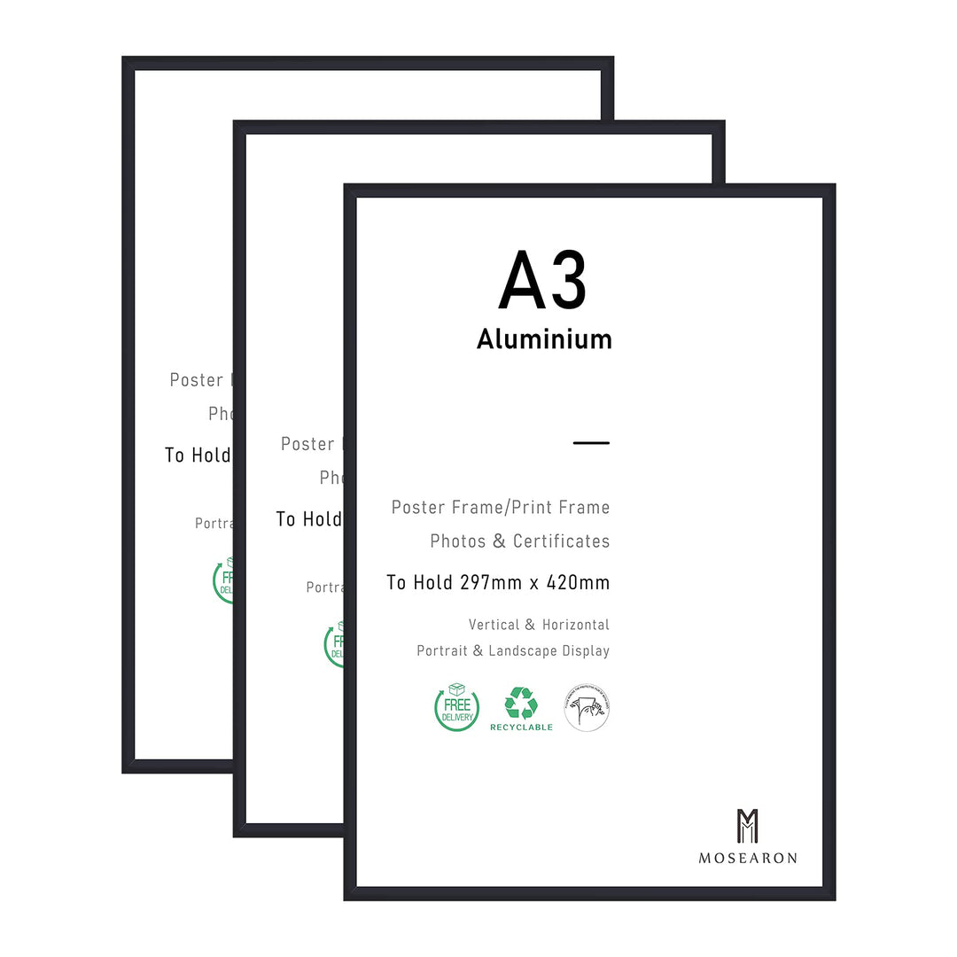 ATOBART A3-Zertifikat-Bilderrahmen, 3er-Pack schwarzer Aluminium-Fotorahmen mit Plexiglas für Wandmo