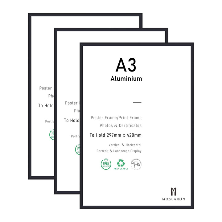 ATOBART A3-Zertifikat-Bilderrahmen, 3er-Pack schwarzer Aluminium-Fotorahmen mit Plexiglas für Wandmo