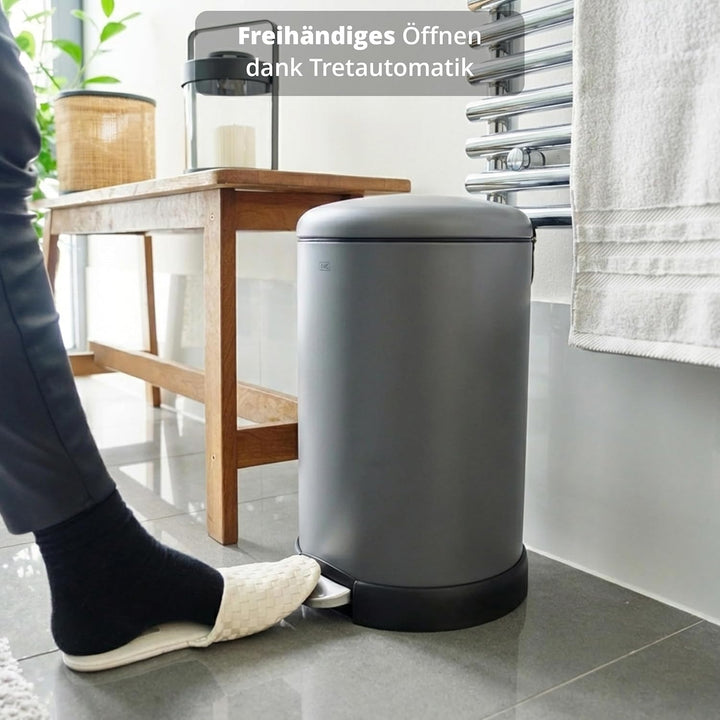 KHG Mülleimer 20 L Grau mit Softclose-Deckel & Tretfunktion - Pulverbeschichteter Metall-Abfalleimer