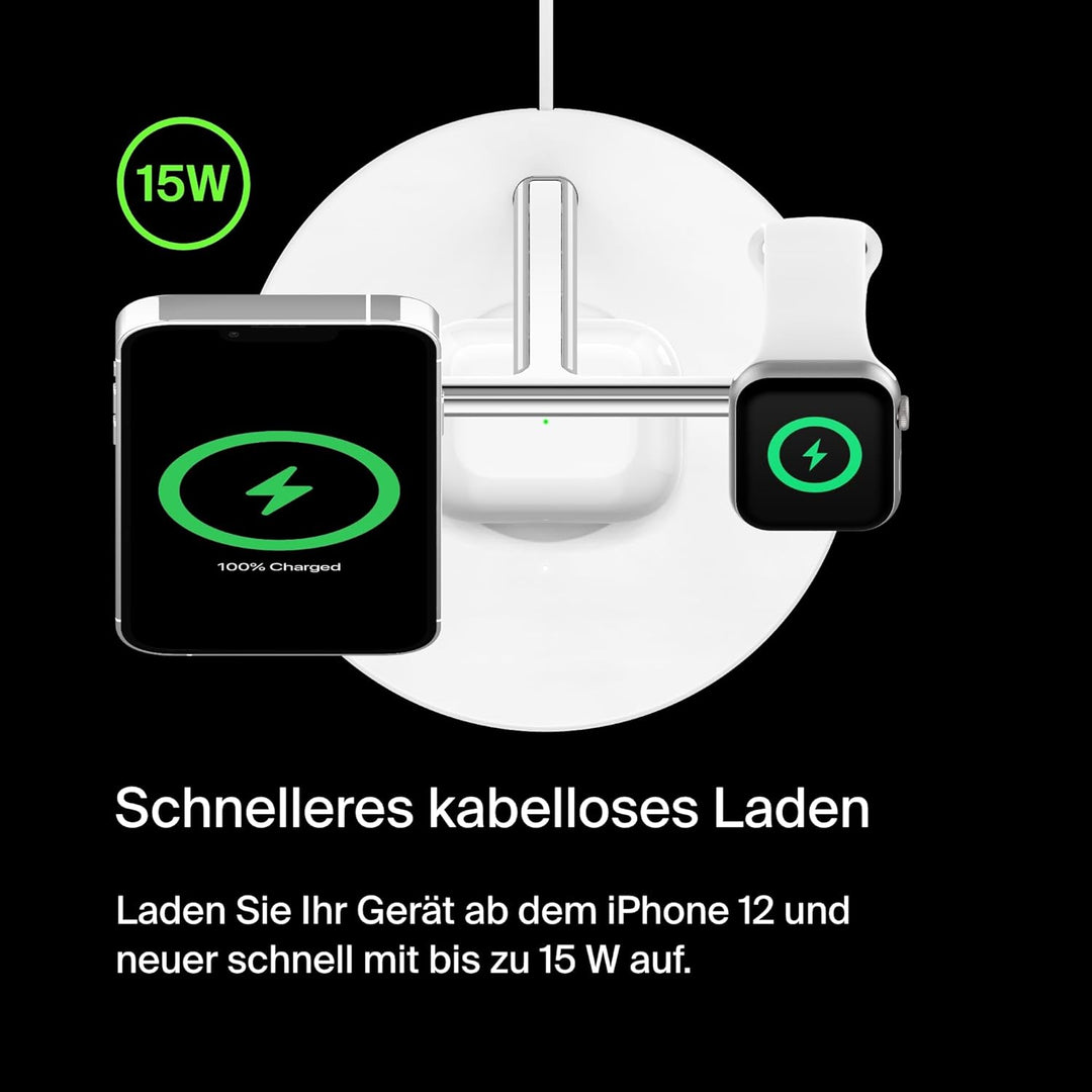 Belkin drahtloses MagSafe 3-in-1-Ladegerät, MagSafe ladestation 15 W, schnelles Laden für das iPhone