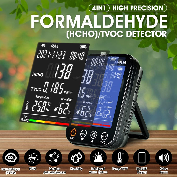 Formaldehyd Detektor, Feuchtigkeit Temperatur Luftqualitätsmonitor für HCHO/TVOC, 4 in1 Raumluftvers