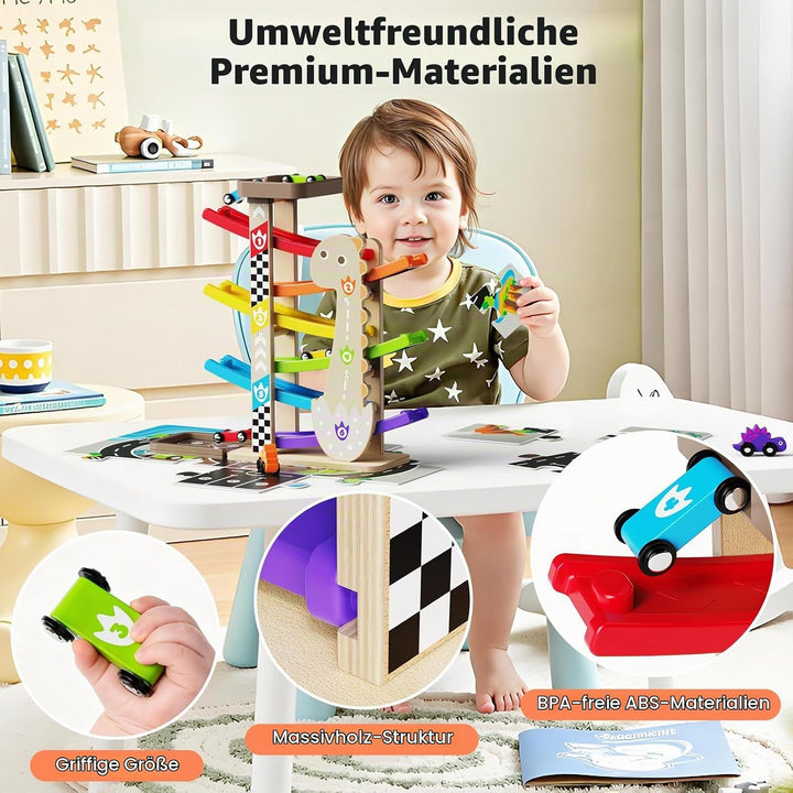 6X Kugelbahn Autorennbahn Holz ab 1+ Jahr Auto Rennbahn mit 6 Fahrzeuge Montessori Spielzeug Kinders