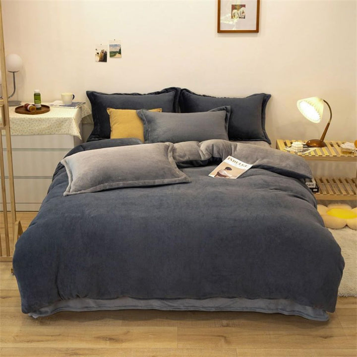 Freyamy Plüsch Bettwäsche Set 135x200 4Teilig Dunkelgrau Grau Samt Biber Cashmere Touch Winterbettwä