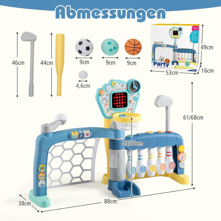 COSTWAY Kinder Basketballkorb, 5-in-1 Basketballständer mit Fussballtor, Golf, Bowling & Baseball, S