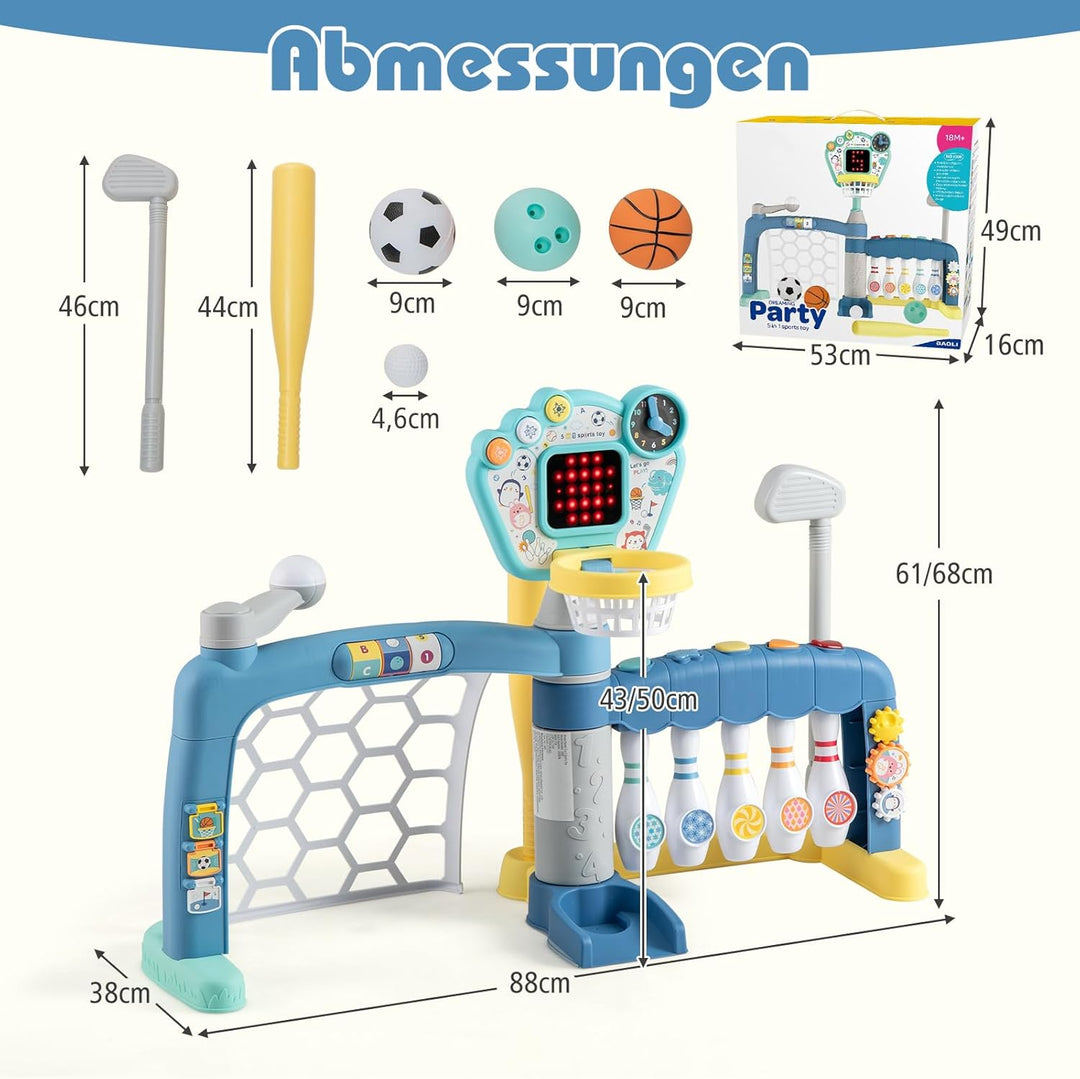 DREAMADE 5-in-1 Multiaktivitätszentrum mit Basketball, Fussball, Bowling, Baseball & Golf, höhenvers
