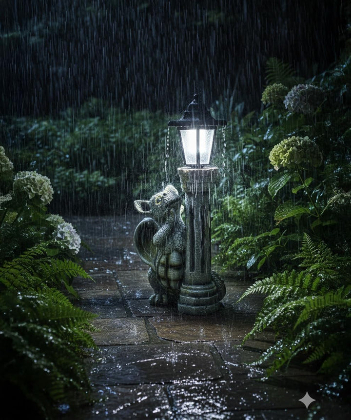 Kremers Schatzkiste Drachenkind mit Solar Laterne Drache Figur Gargoyle Gartenfigur mit Solarlaterne