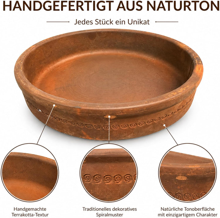 Terrakotta Güveç Tava Ø 30 cm – Handgefertigte Auflaufform aus Naturton für Ofen, Güveç, Schmorgeric