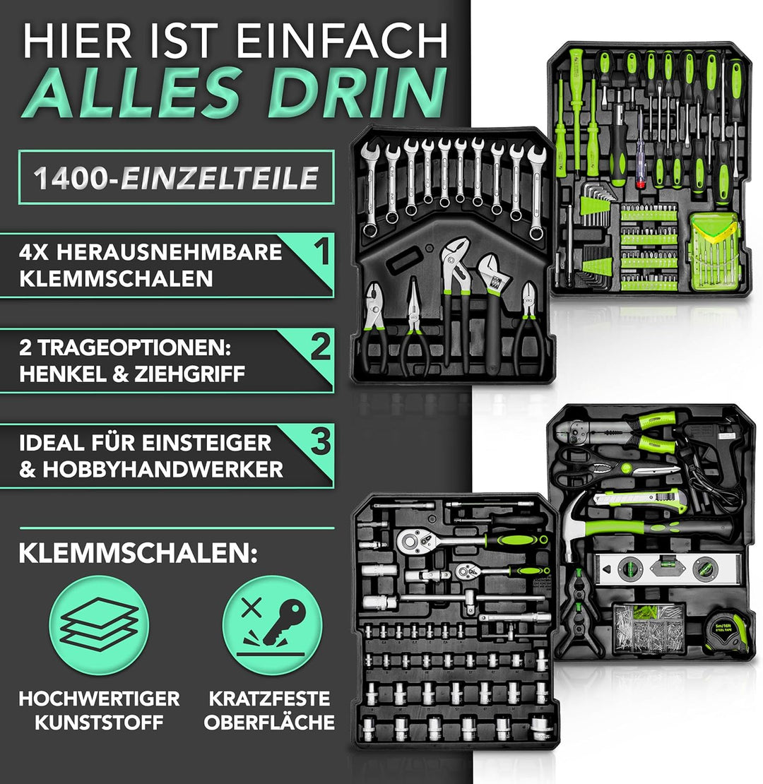 TRESKO Werkzeugkoffer 1400 teilig | Werkzeugkasten gefüllt | Werkzeugkiste Profi | Werkzeugtasche |