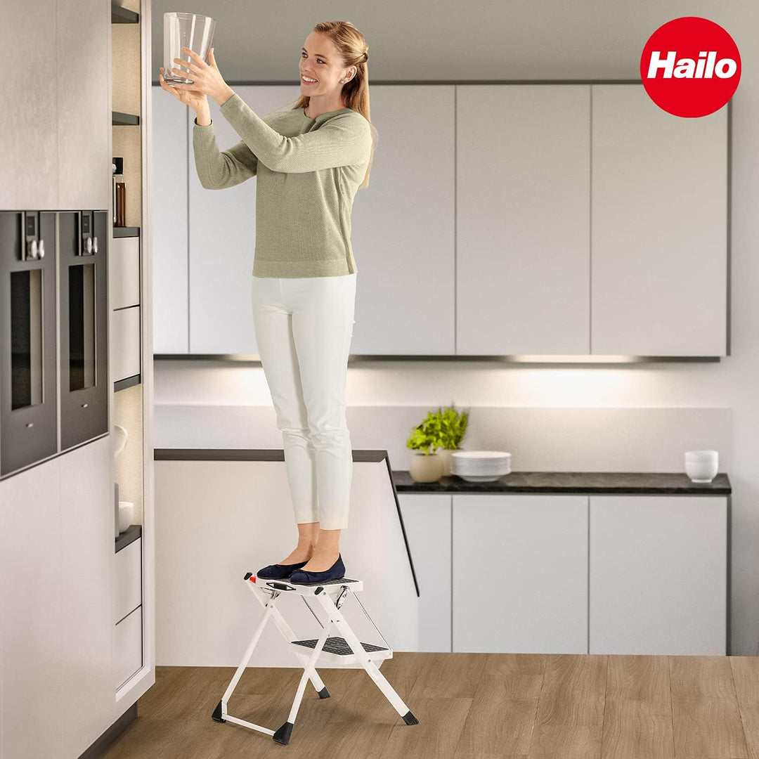 Hailo MK60 Mini Stahl-Trittleiter - 2 grosse Stufen mit Anti-Rutsch-Matten bis 150kg - Klappsicherun