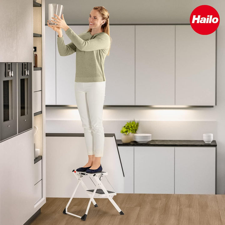 Hailo MK60 Mini Stahl-Trittleiter - 2 grosse Stufen mit Anti-Rutsch-Matten bis 150kg - Klappsicherun