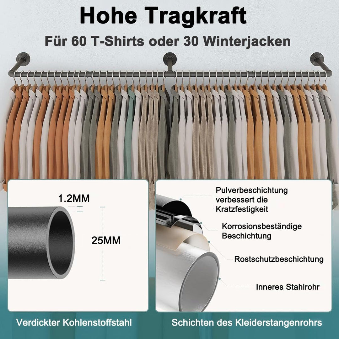 Industrielle Kleiderstange Wandmontage, Kleiderstangen für die Wand, 164cm abnehmbare Garderobenstan
