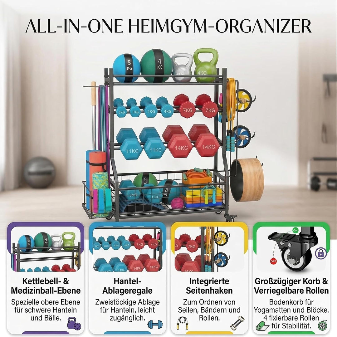 Hantelständer &amp; Gewichtsablage für Home Gym, All-in-One Fitness Aufbewahrung mit Rollen &amp; Haken für