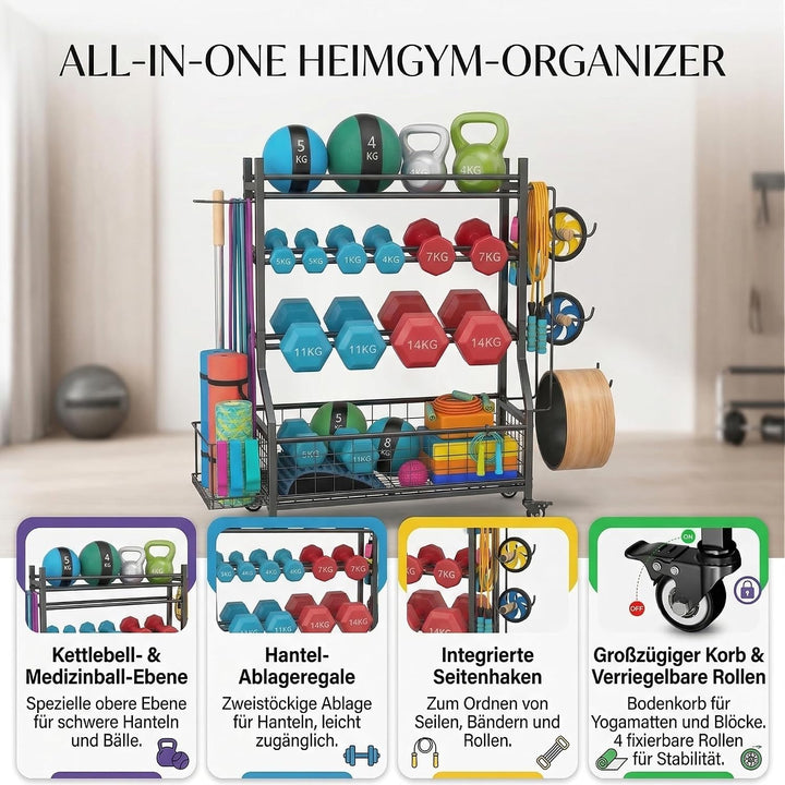 Hantelständer &amp; Gewichtsablage für Home Gym, All-in-One Fitness Aufbewahrung mit Rollen &amp; Haken für