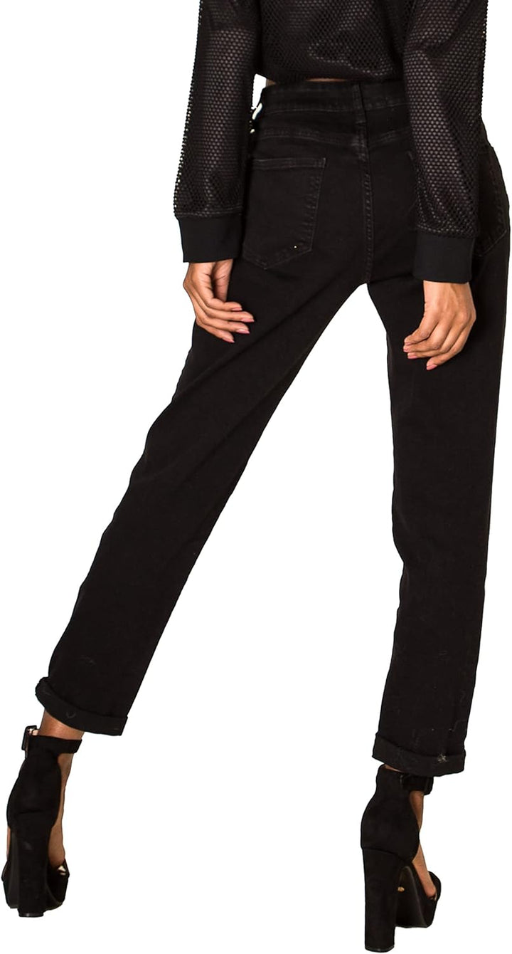 Nina Carter Q1806 Damen Boyfriend Jeanshosen HIGH Waist Used-Look Jeans Waschungseffekt XS Schwarz (