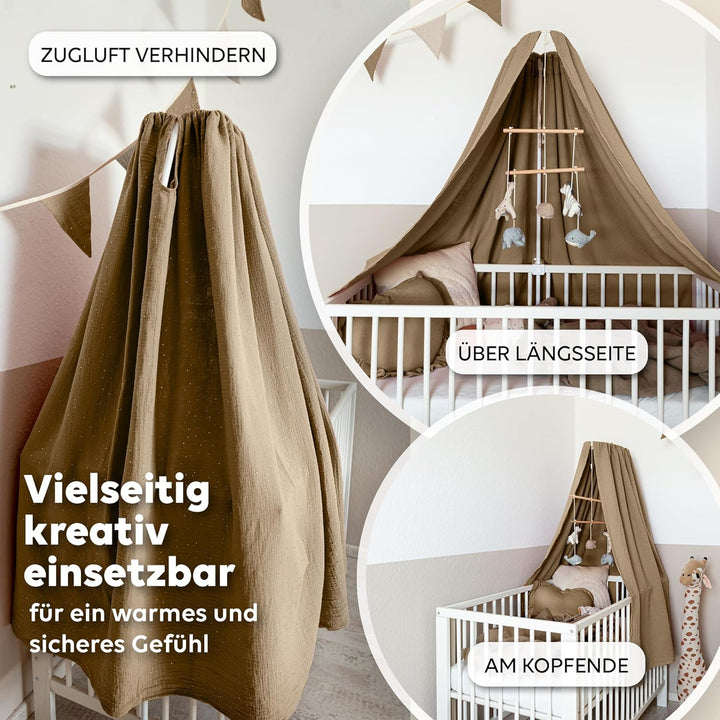 Betthimmel Babybett mit Goldapplikationen [in 12 Farben] Himmel Babybett aus 100% Baumwolle Musselin