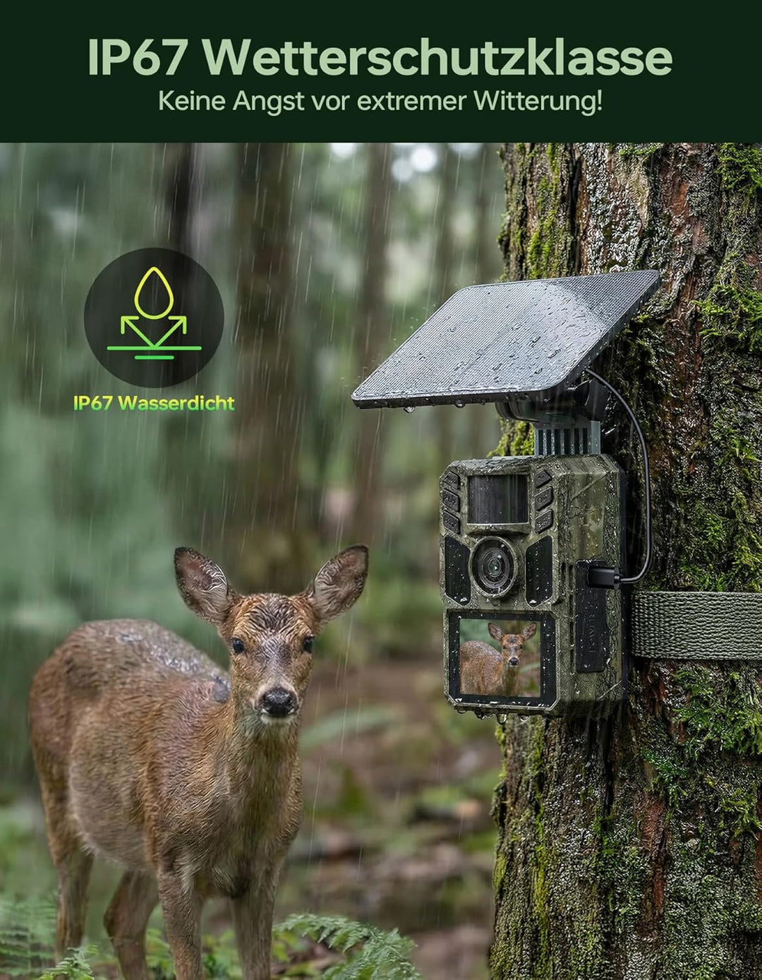 Wildkamera mit Handyübertragung App,Wildtierkamera 4K 64MP WLAN Solar mit Lithium-Batterie, Bewegung