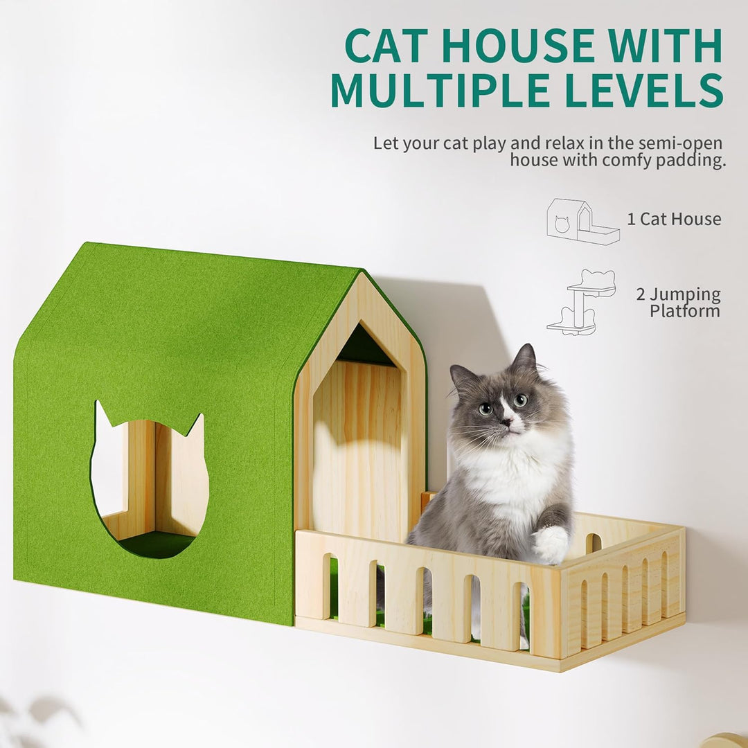 YITAHOME Katzenkletterwand-Set, Stabiler Holz Katzenmöbel, 5-Teilig Katzen Wandelemente mit Katzenha