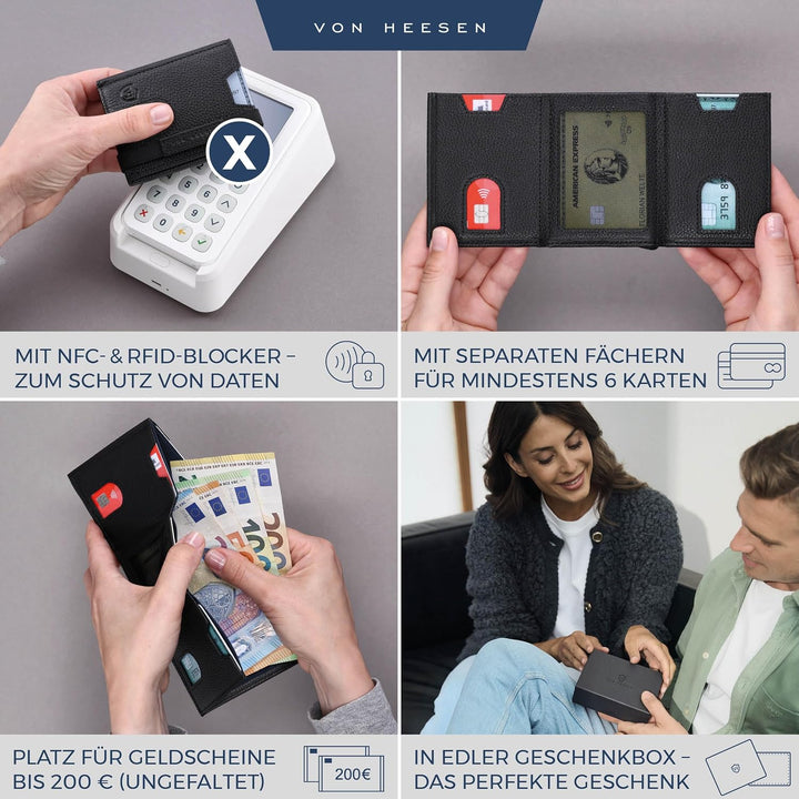 VON HEESEN Leder Slim Wallet - Geldbeutel mit RFID Schutz - Mini Geldbörse für Herren und Damen - Ka