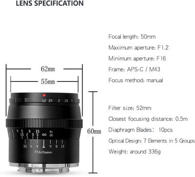 TTARTISAN 50mm F1.2 Objektiv APS-C MF für Fuji X Mount Kameras X-A1 X-A10 X-M1 X-M2 X-H1 X-T1 X-T10