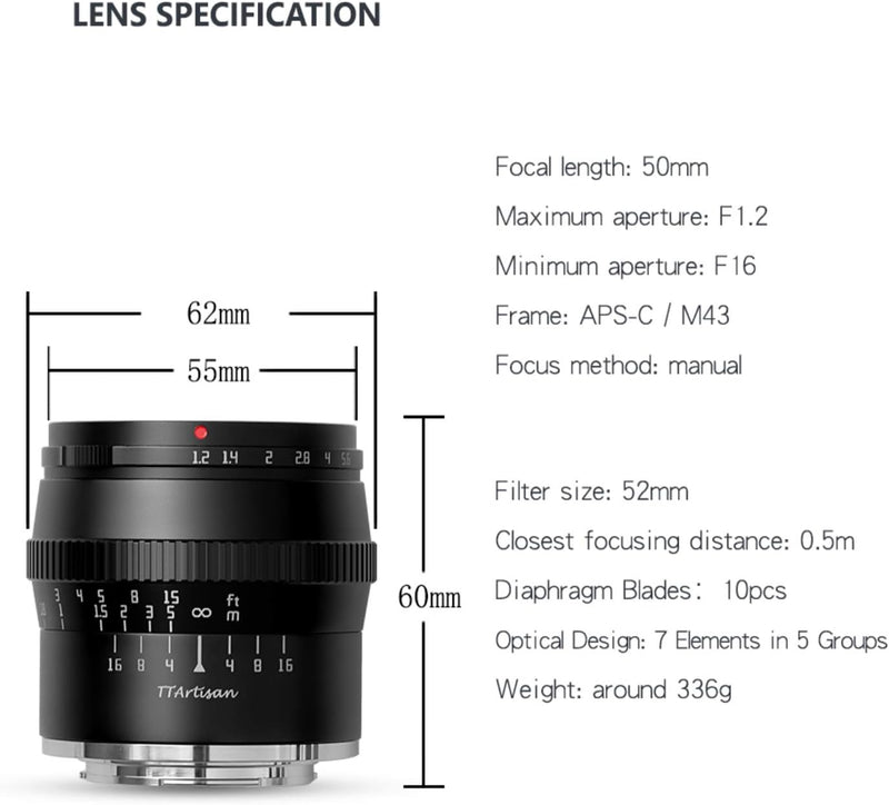 TTARTISAN 50mm F1.2 Objektiv APS-C MF für Fuji X Mount Kameras X-A1 X-A10 X-M1 X-M2 X-H1 X-T1 X-T10