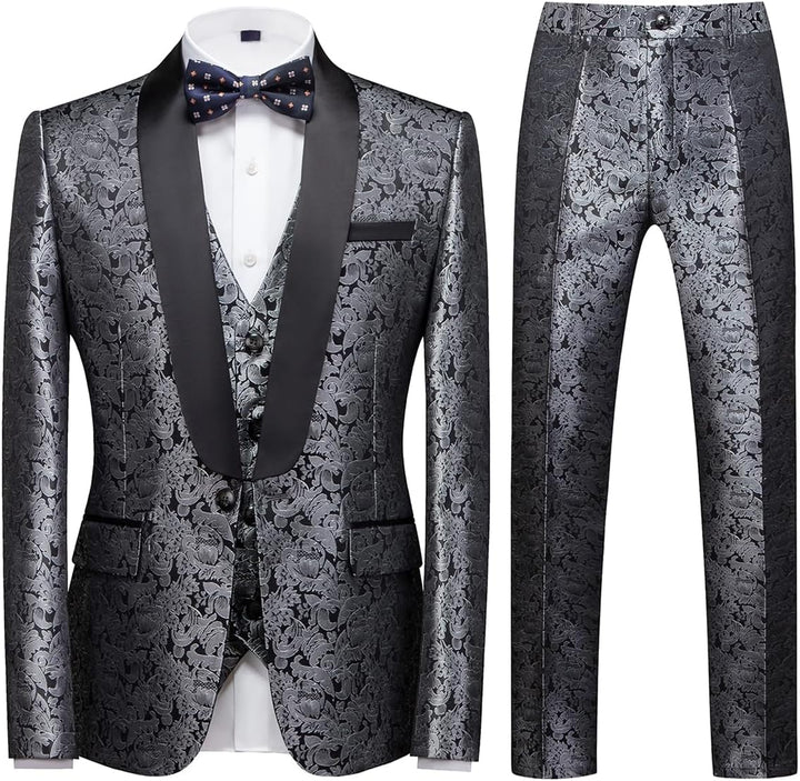 KUDORO Herren Anzüge 3-Teilig Slim Fit Paisley für Hochzeit Party Eine Knöpfe Jacquard Smoking Herre