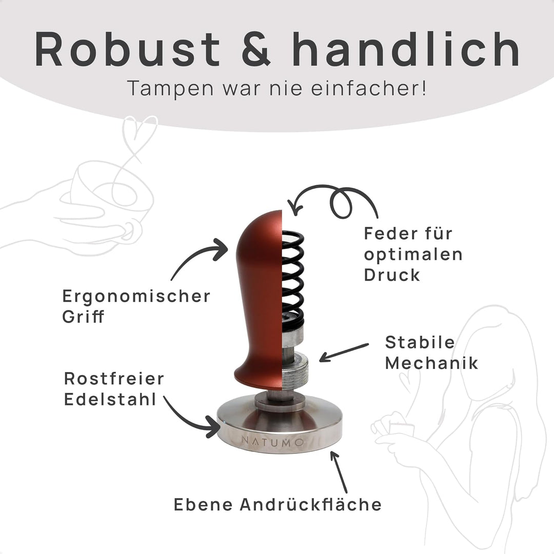 NATUMO Espresso Tamper 58mm, druckregulierend (15kg / 35lbs), Siebträger Zubehör, Kaffe Tamper Set m