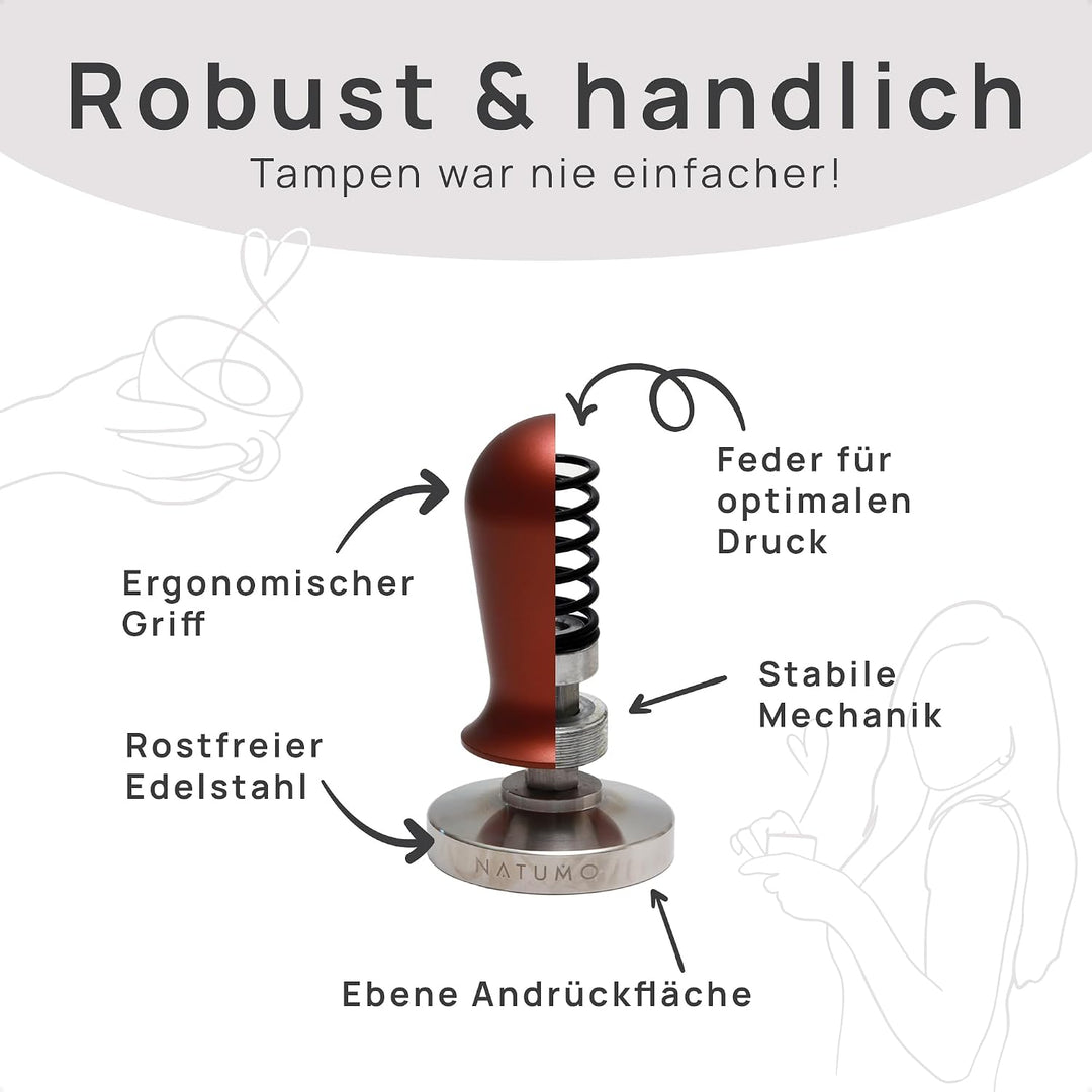 NATUMO Espresso Tamper 58mm, druckregulierend (15kg / 35lbs), Siebträger Zubehör, Kaffe Tamper Set m