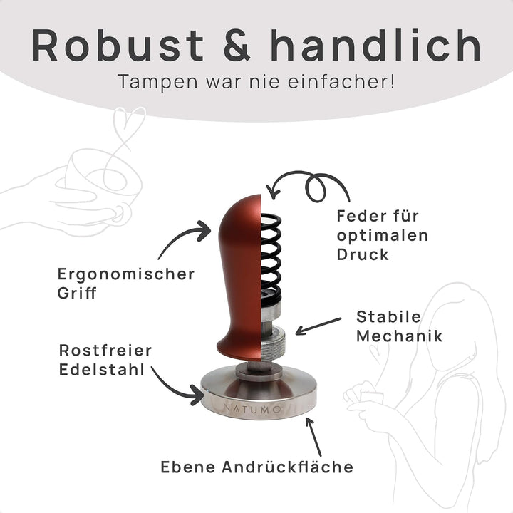 NATUMO Espresso Tamper 58mm, druckregulierend (15kg / 35lbs), Siebträger Zubehör, Kaffe Tamper Set m
