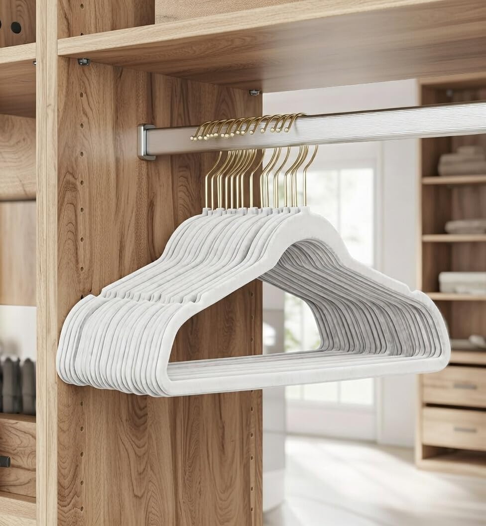 50 Stück hochwertige Samt Kleiderbügel in der Farbe Weiss mit Gold Look Haken/Anti-Rutsch/von Sticka