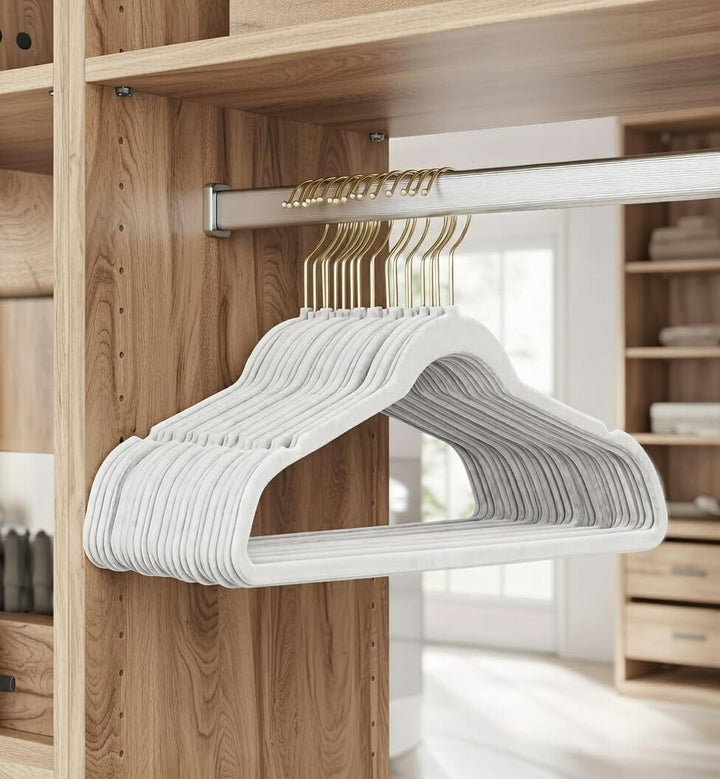 50 Stück hochwertige Samt Kleiderbügel in der Farbe Weiss mit Gold Look Haken/Anti-Rutsch/von Sticka