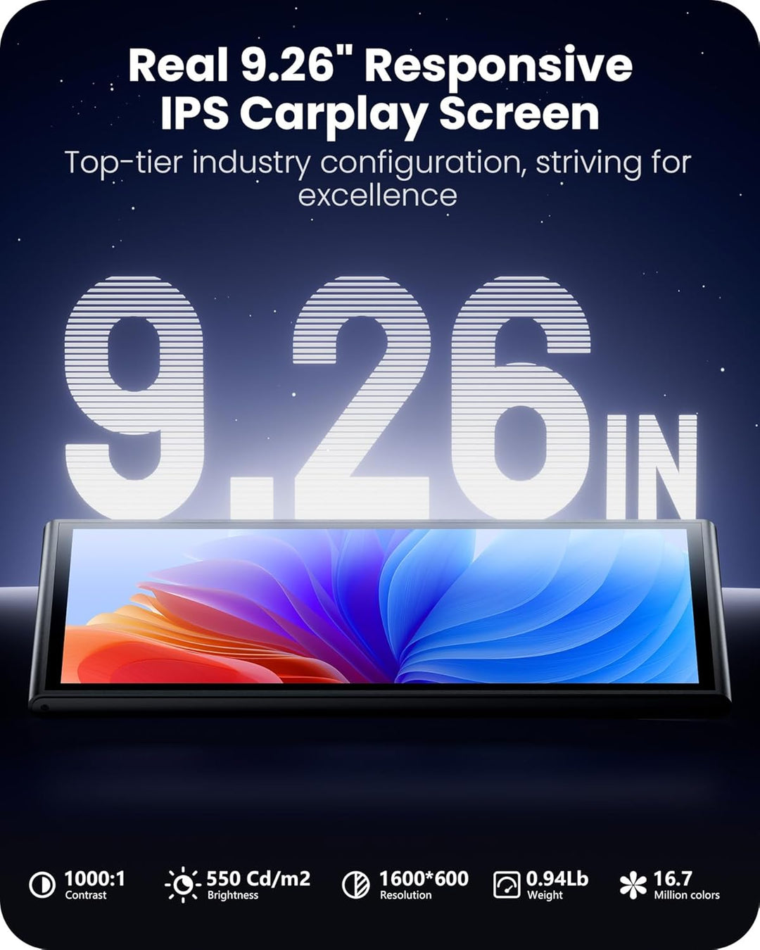 9,26" Wireless Car Play Display für Apple CarPlay &amp; Android Auto – Tragbares Auto-Display mit Rückfa