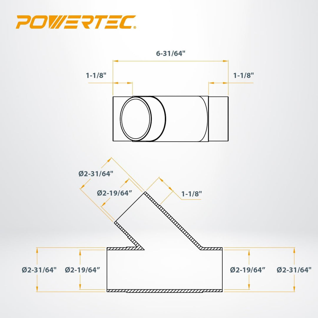 POWERTEC 70228 6,4 cm transparente Y-Fassung für 2-1/2 Zoll Staubsammelschlauch, 2 1/2 Zoll Staubsam