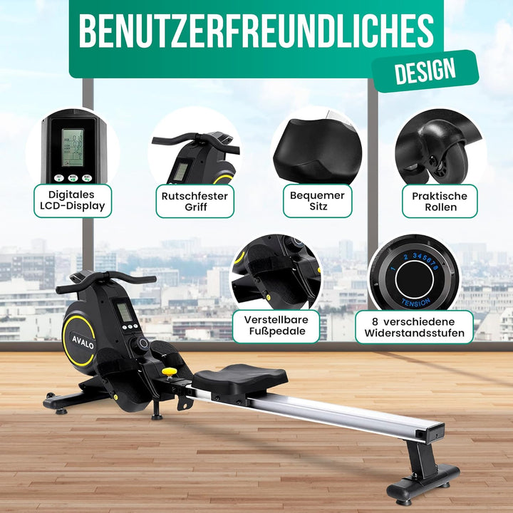 Avalo Rudergerät zusammenklappbar mit Display - Rudergerät mit 8 Widerstandsstufen - Rudergerät für