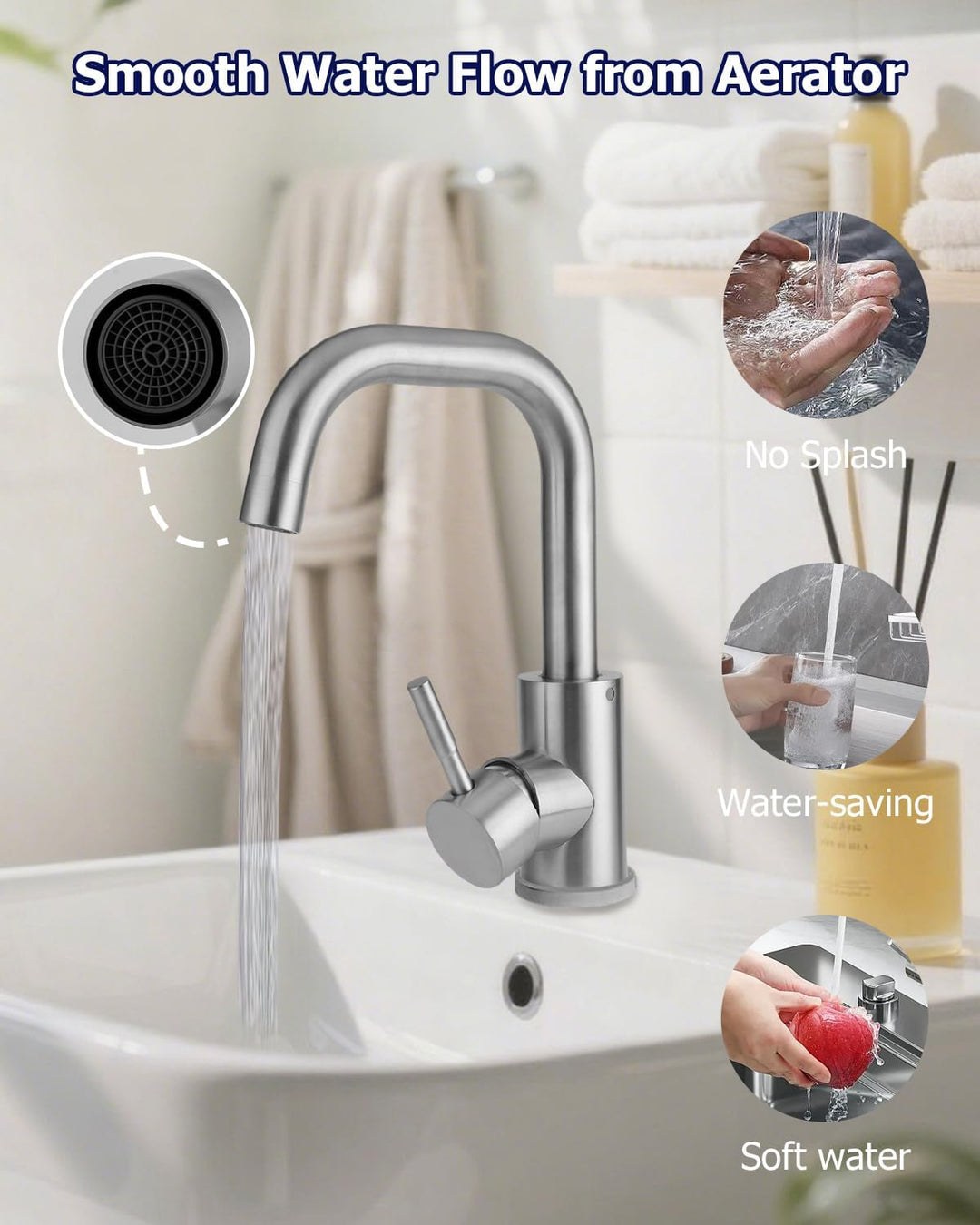 Wasserhahn Bad 360° Drehbar,Edelstahl Wasserhahn Badezimmer mit Warm/Kaltwasser Mischbatterie,Einheb