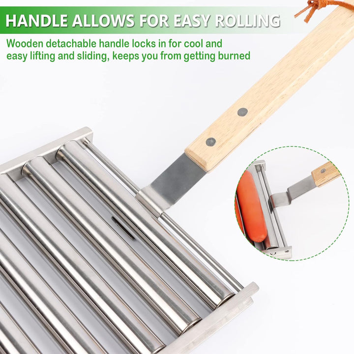 KAYCROWN Hot Dog Roller Edelstahl Wurstroller Rack mit extra langem Holzgriff, BBQ Hot Dog Griller f