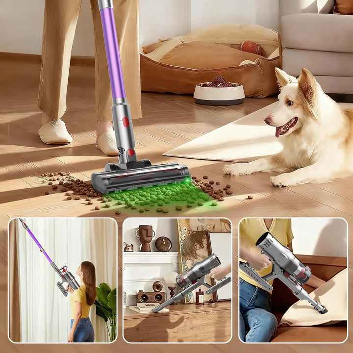 Hearten 4-in-1 Akku Staubsauger Kabellos mit LED Display und Anti-Wickel-Bürste, One-Touch-Bedienung